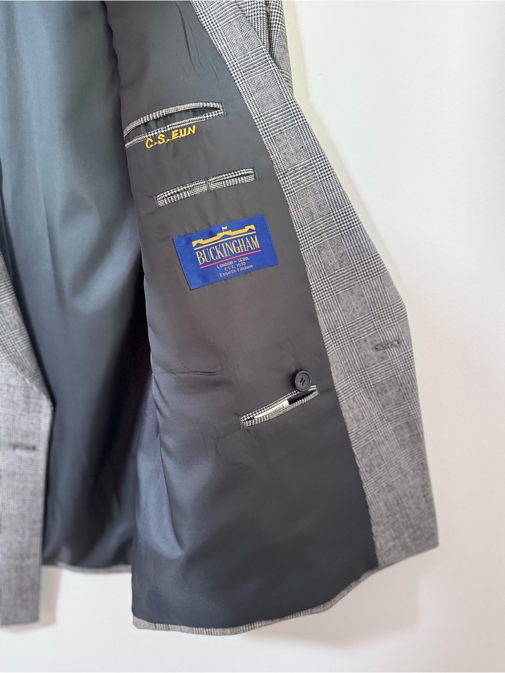 Vintage 93s Buckingham EssEss Samsung Wool Glen Plaid Double Breasted Blazer 40B - Picture 5 of 10